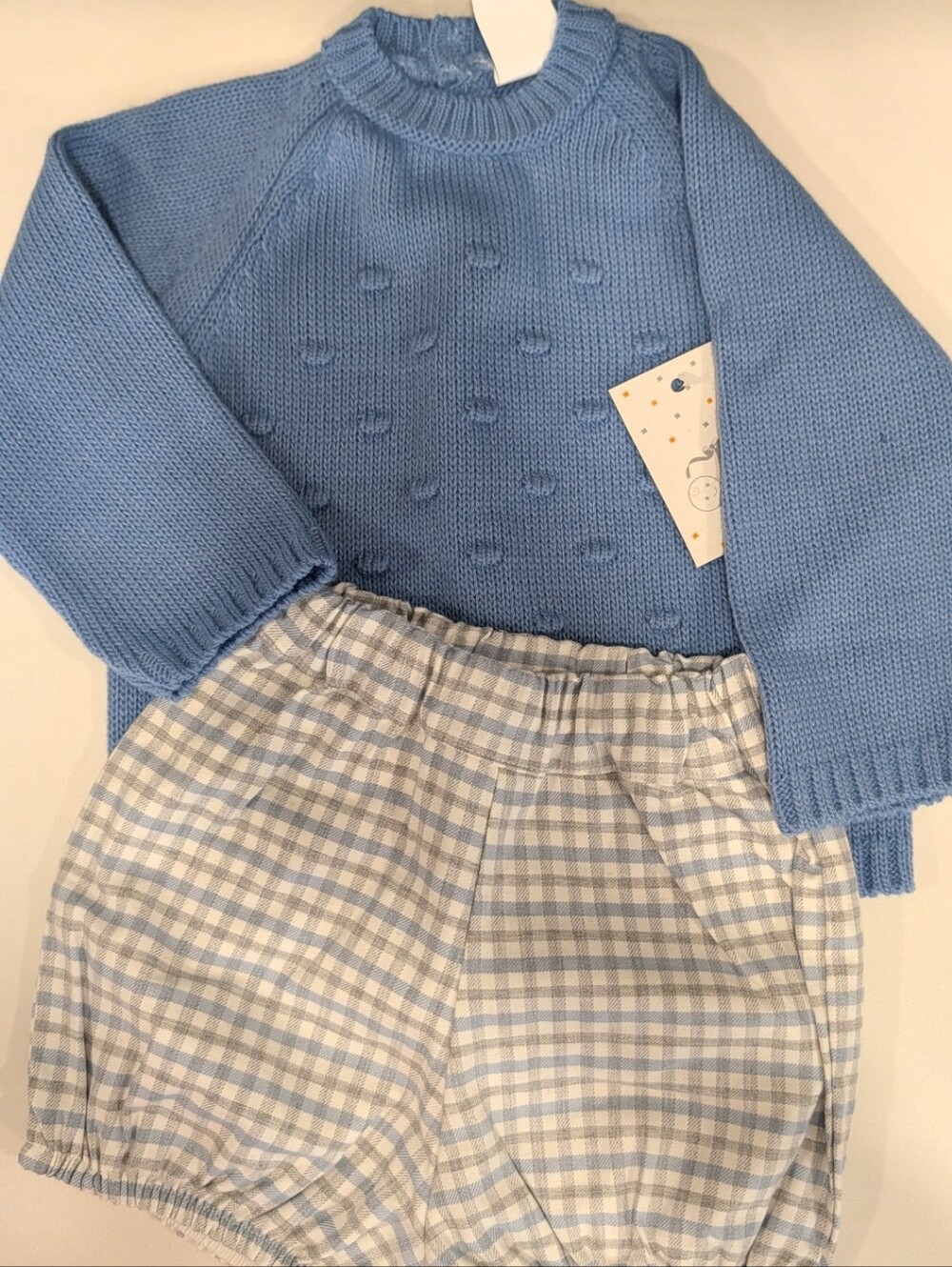 Light Blue Knit Baby Sweater with Checked Shorts